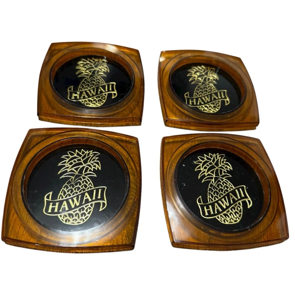 Vtg Hawaii Plastic Coaster Set 4pc MCM Souvenir Brown Made in Hong Kong
